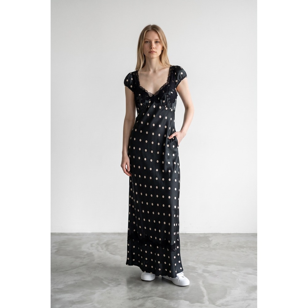 Free People Butterfly babe Polka Dot Satin Open Back Maxi Dress Black White M